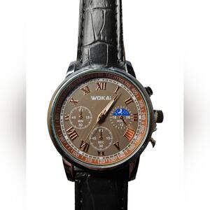 NWOT Wokai Black and Brown Watch, Stainless Steel With Leather Band